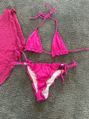Hot Pink Ruffle Triangle Bikini 3 pc. Set